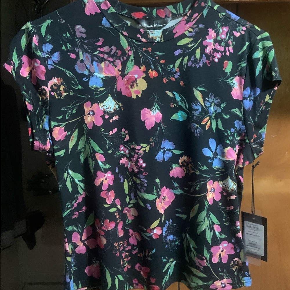 Nicole Miller Pink and Blue Crop T-Shirt